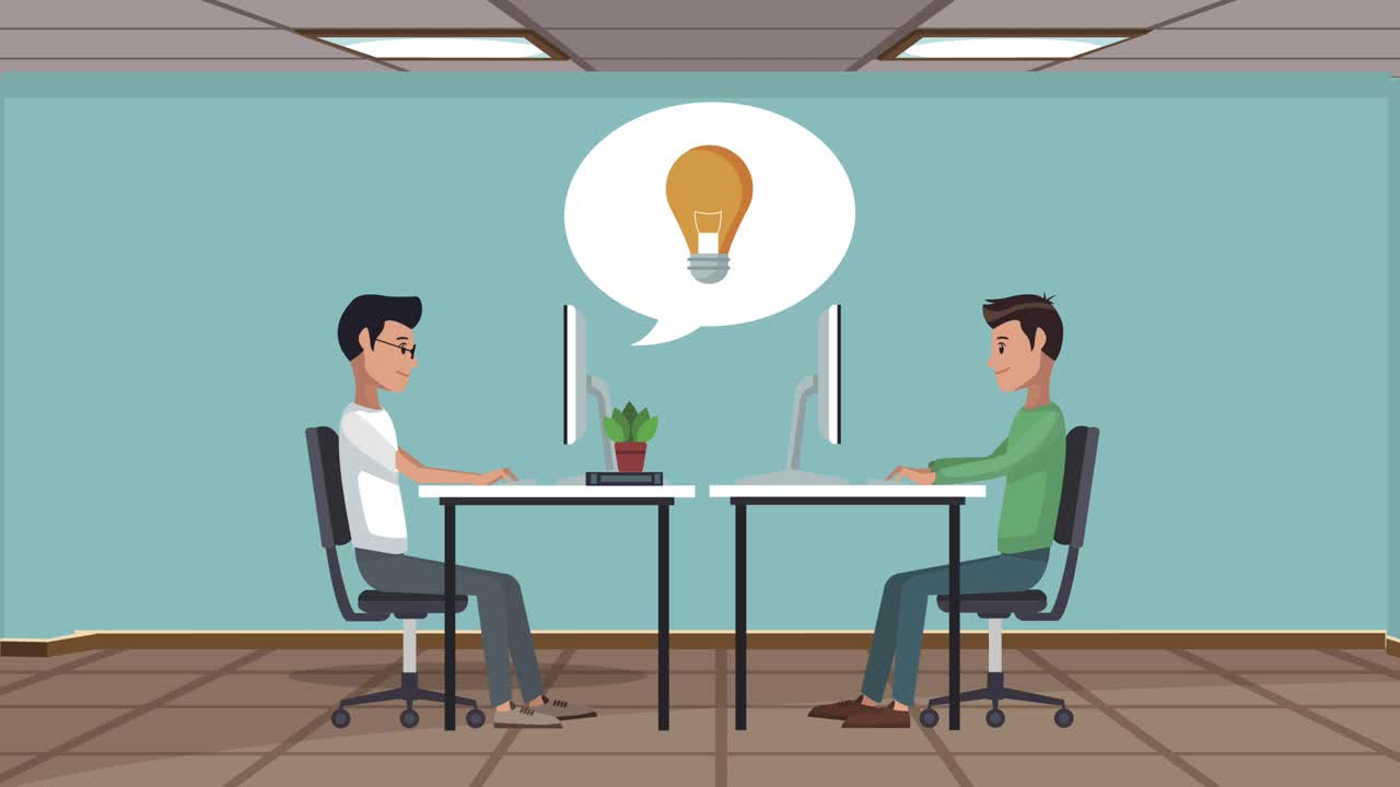 데스크을 사용하는 노동자 들 은 발음 거품 에 있는 전구 를 사용 한다