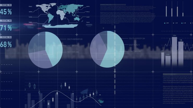 Animation of financial data processing over cityscape