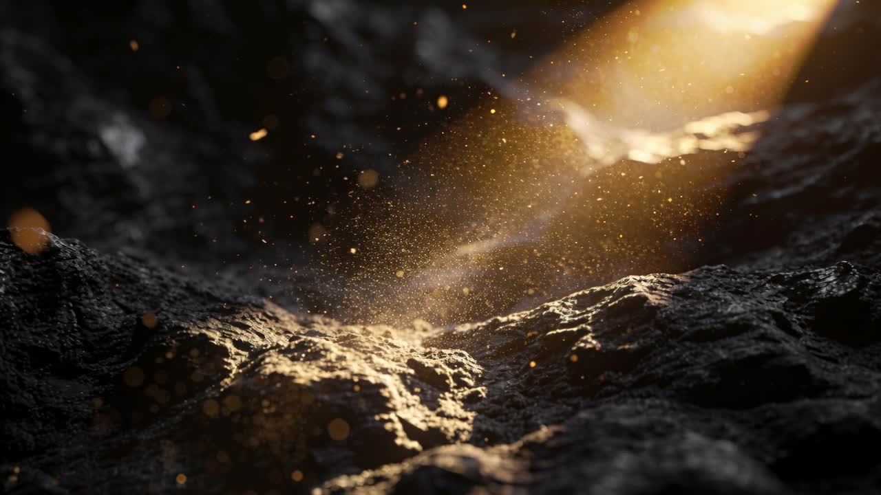 Un raggio caldo e stretto che penetra in una fessura, illuminando una cresta rocciosa e facendo scintillare la polvere.