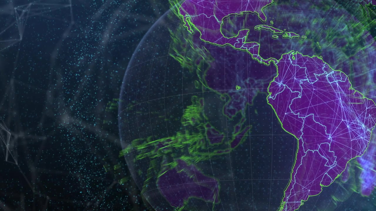 Camera zooming 3D stylized globe rotating streaming green data highlighting Americas in starfield