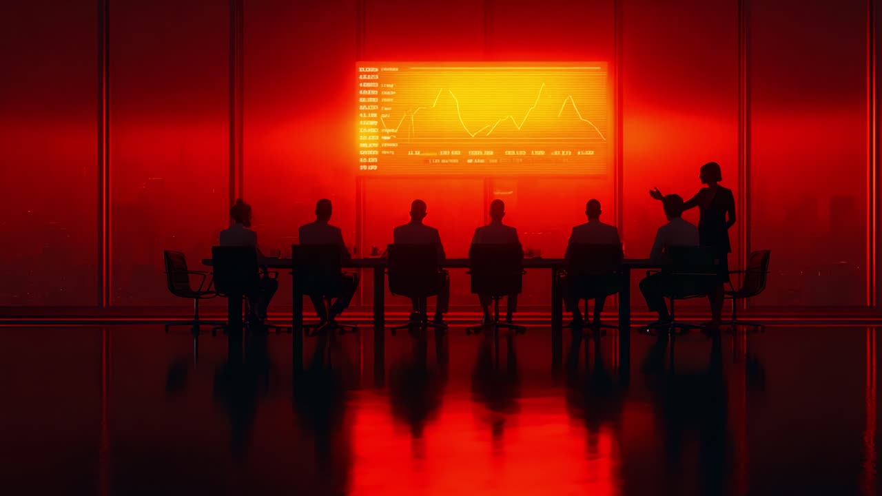 A high-stakes meeting in a dimly lit conference room reveals a group of business professionals engaged in a pivotal discussion, illuminated by a striking red display of financial data