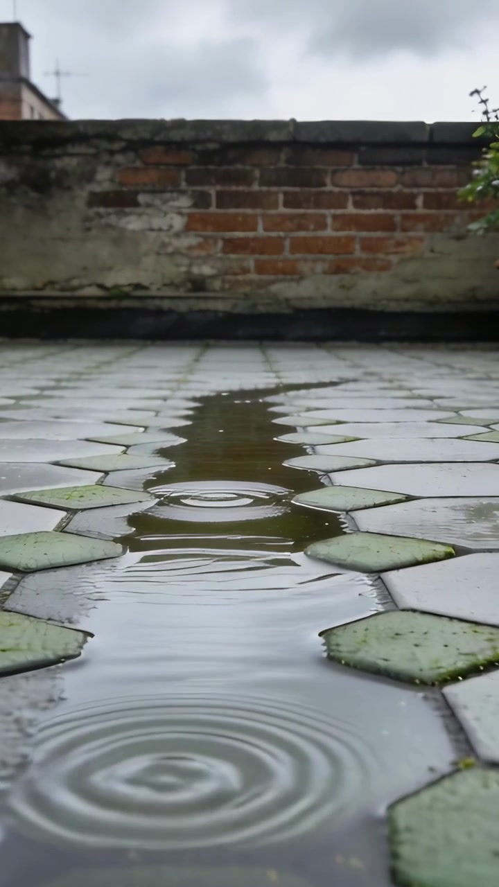 Vertical video: Falling drops striking center puddle, puddle making circular ripples on tiled roof