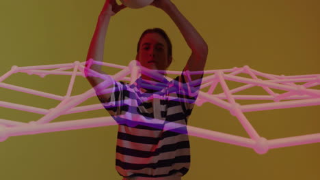 person playing volleyball with geometric animation overlay on yellow background