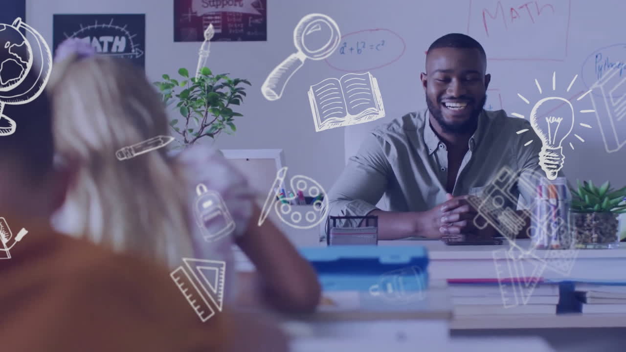 Animation of school items icons over happy diverse male teacher with students in classroom