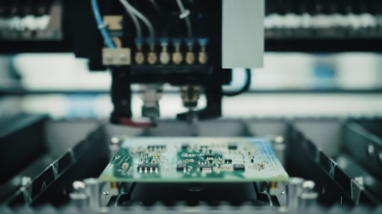 An automated machine is seen precisely assembling electronic circuit boards at a high-tech manufacturing facility. The process showcases modern technology in action, highlighting automation.