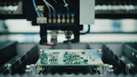 an automated machine is seen precisely assembling electronic circuit boards at a high-tech manufacturing facility. the process showcases modern technology in action, highlighting automation.