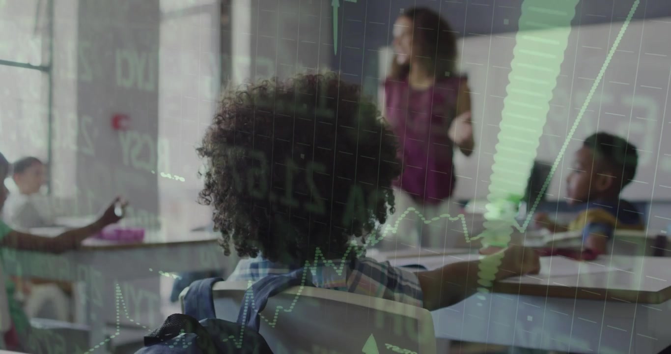 Student sitting with arm reaching facing board teacher gesturing and teaching finance charts rising