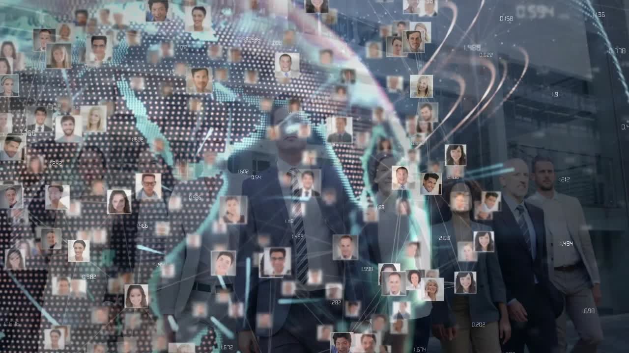 Business team walking under rotating globe initiating headshot network lines showing global reach