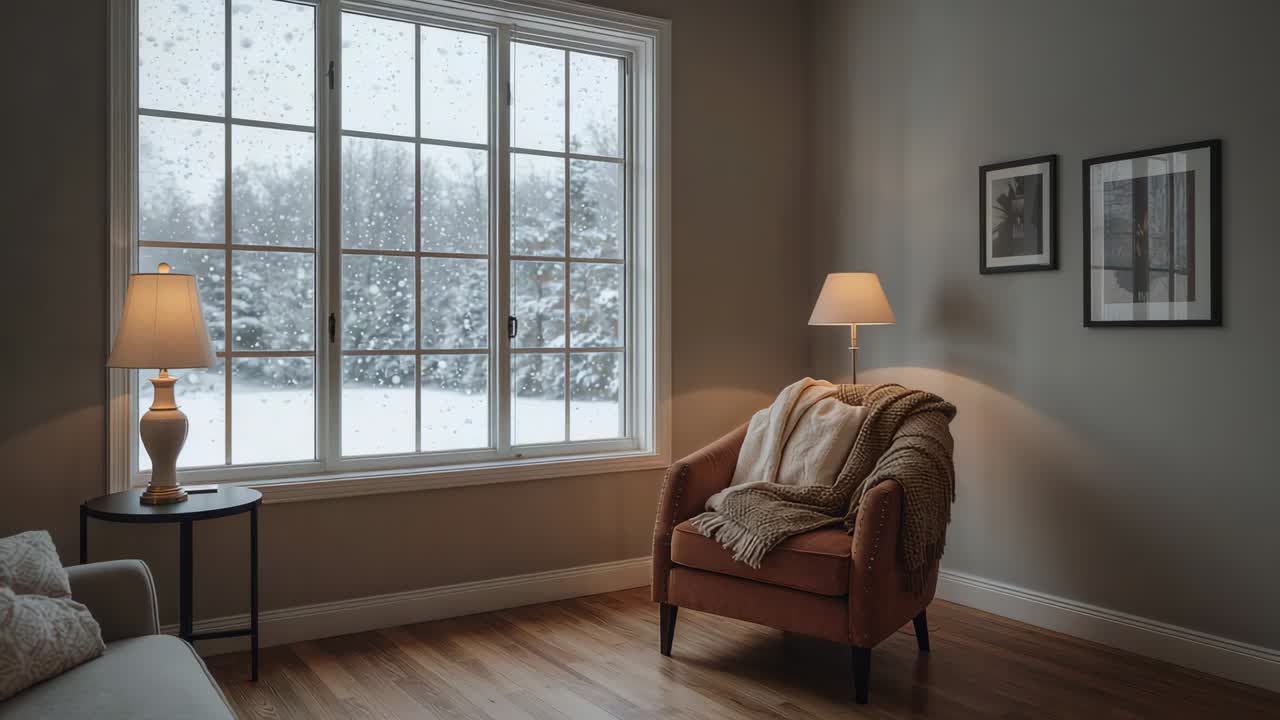Panning camera right, armchair draped with blanket drawing focus to cozy corner during snowfall