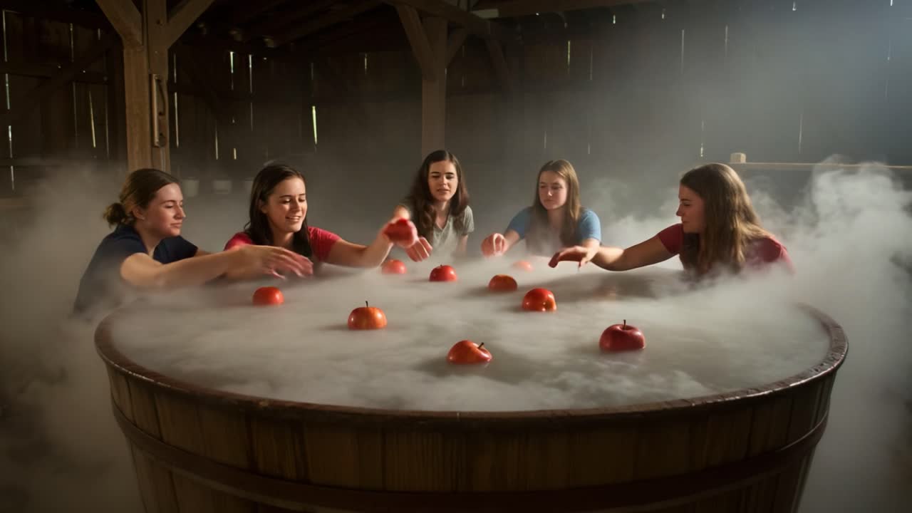 A Group of Young Friends Enjoying a Fun Apple Bobbing Game in a Foggy Barn Environment with a Vintage Aesthetic and Lots of Laughter