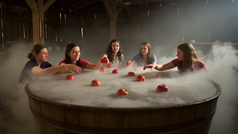 a group of young friends enjoying a fun apple bobbing game in a foggy barn environment with a vintage aesthetic and lots of laughter