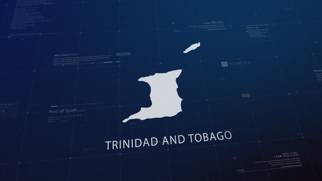 Trinidad and Tobago country map comes to life with cinematic panning, unveiling key details, the capital, and slogan, providing an engaging background for corporate and commercial use