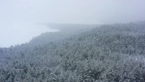 panning across a couple of snow covered evergreen hill tops during a blizzard slow motion aerial