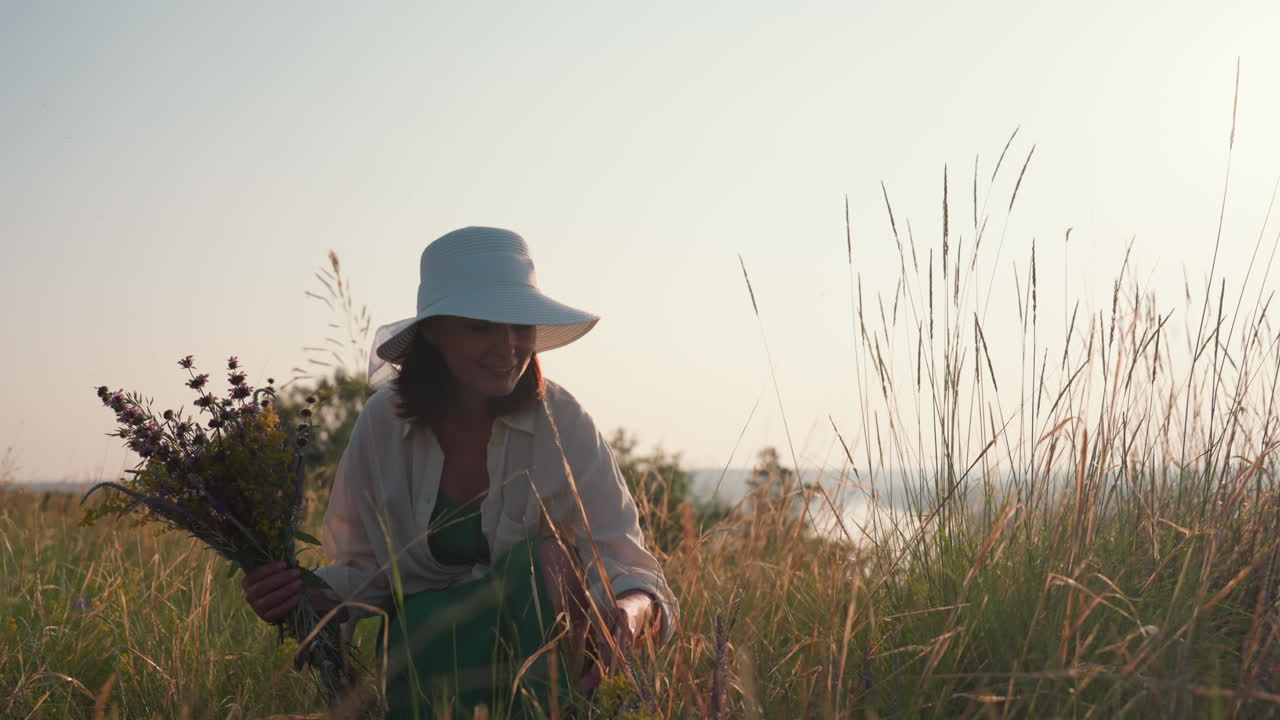 Giovane donna che indossa un ampio cappello da sole si inginocchia in un campo dorato raccogliendo un bouquet di fiori selvatici con un sorriso dolce mentre il sole risplende sull'erba alta intorno a lei creando una scena naturale estiva rurale calma e pacifica