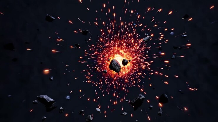 A dynamic video scene of an asteroid explosion captured from a top-down angle, showcasing fiery