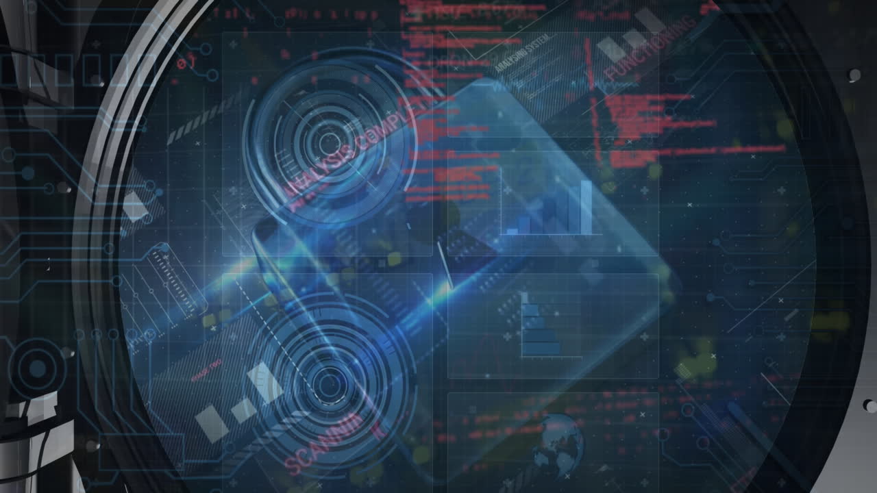 animación del procesamiento de datos, el candado de seguridad en línea y la placa de circuitos