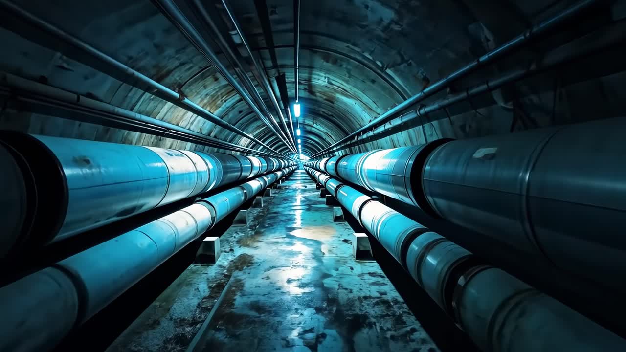 A low-angle video shot of an industrial tunnel with large pipes and blue lighting