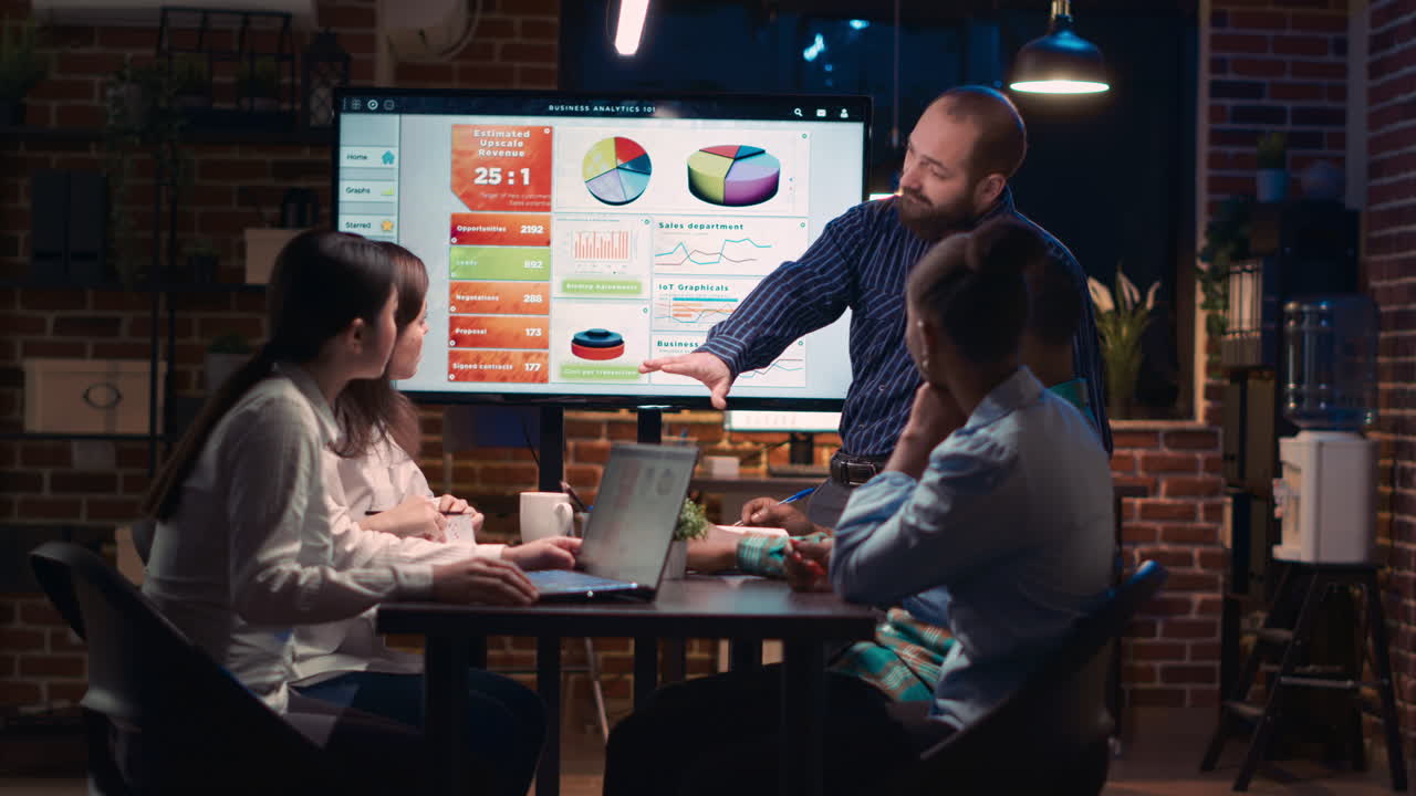 Company employee presenting analytics research in business meeting