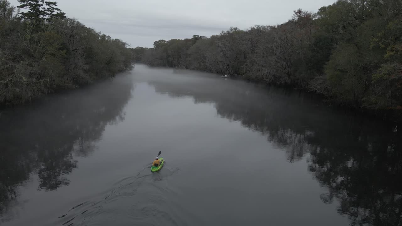 미국 에디스토 강의 어두운 물을  ⁇ 고 있는 신비롭고 극적인 안개를 바라보는 카야크를 타고 있는 남자로부터의 추적 촬영
