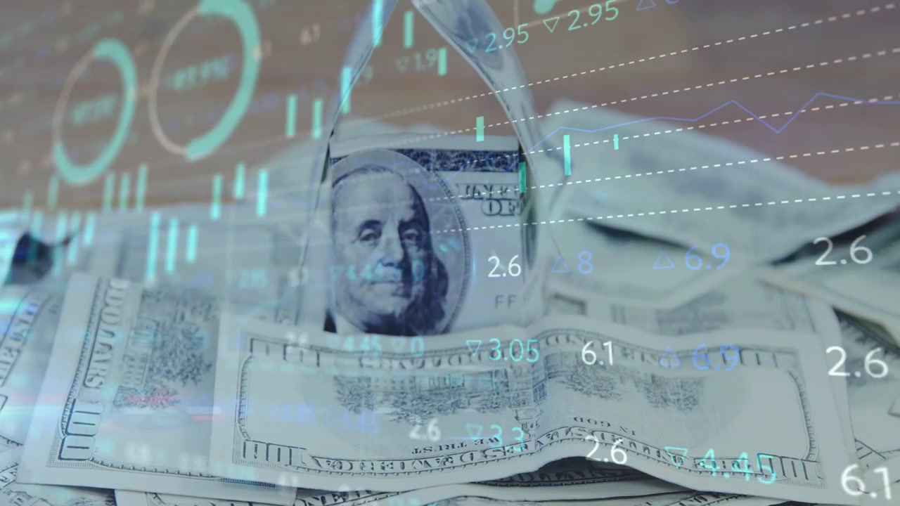 Blue overlays appearing, USD bills refracting under prism, charts updating, visualizing market data