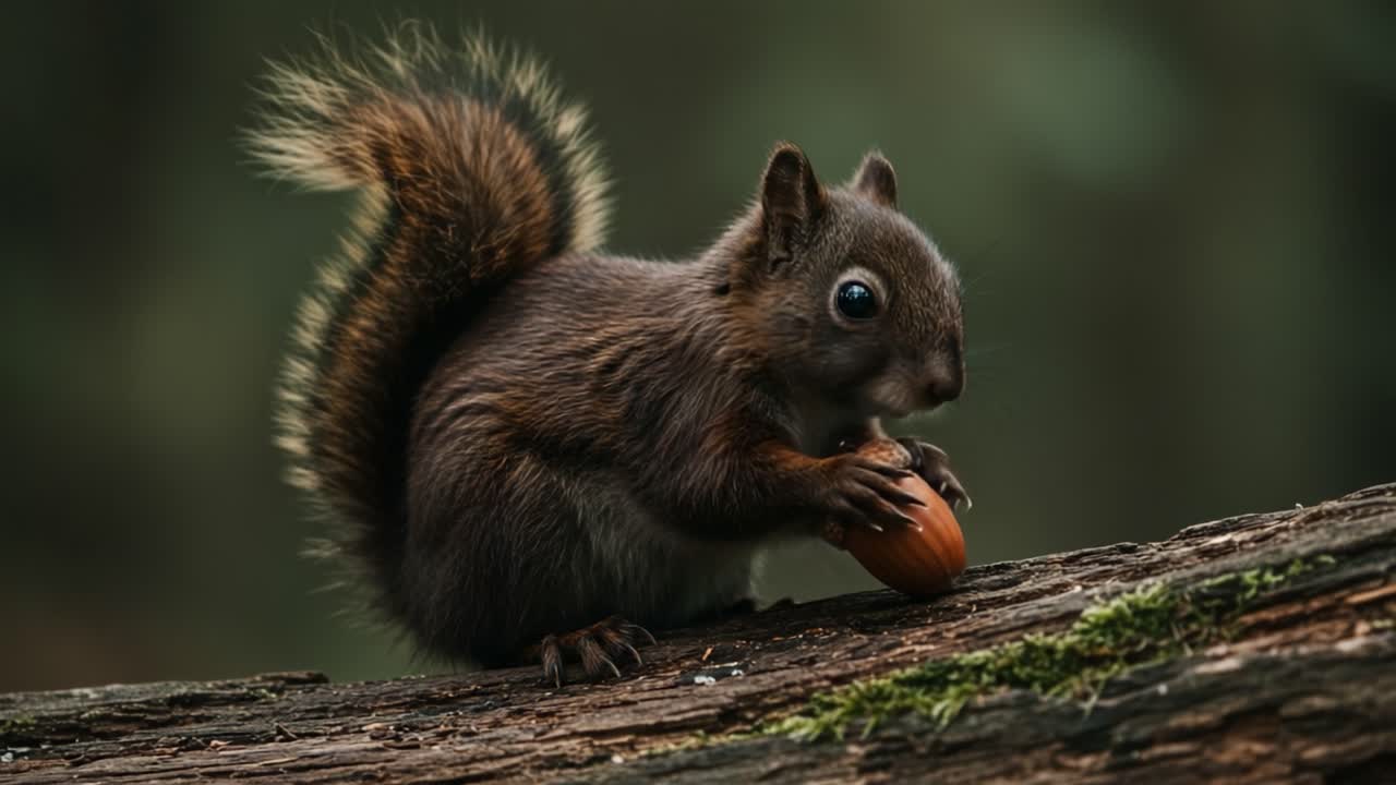 Un affascinante scoiattolo che stringe delicatamente una ghianda su un tronco caduto nel bosco, catturato in due fotogrammi consecutivi che mostrano momenti di fauna selvatica pacifica.