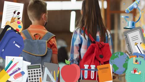 Animation-Von-Symbolen-Für-Schulgegenstände-über-Schulkindern,-Die-In-Der-Schule-Spazieren-Gehen