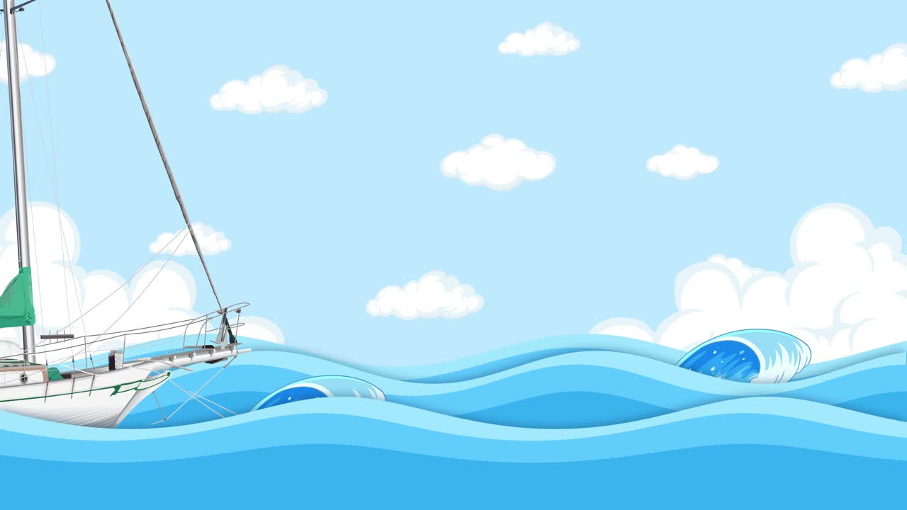 평화로운 바다 파도를 가로지르는 애니메이션 세일보트