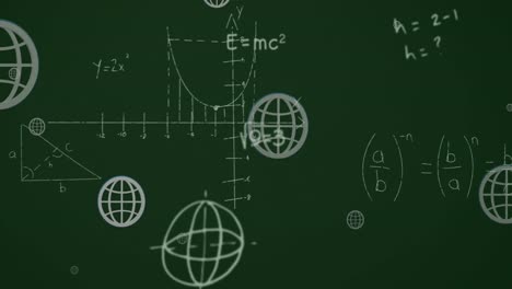 Animation-Mehrerer-Web-Globus-Symbole-Und-Mathematischer-Gleichungen,-Die-Vor-Grünem-Hintergrund-Schweben