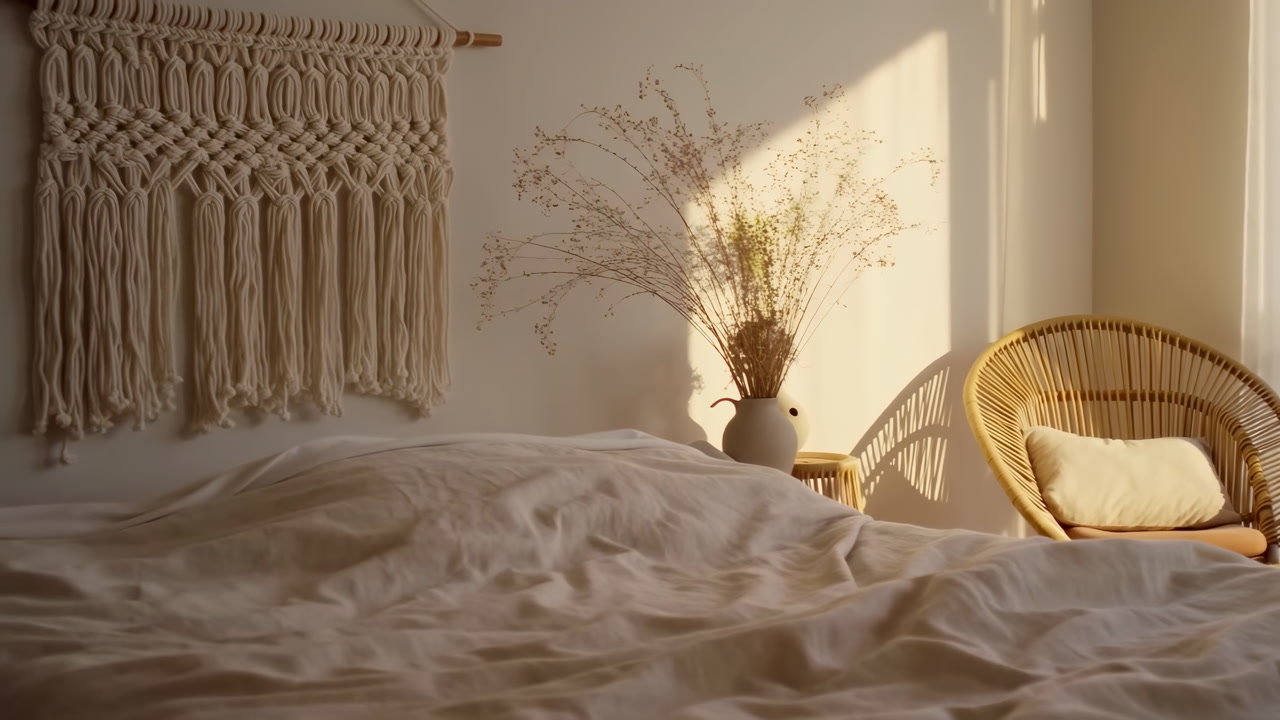 Sunlit Boho Bedroom With Rattan Chair Soft Rumpled Linen Bed, Macrame Wall Hanging, Ceramic Vase Of Dried