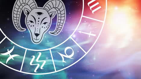 animation of capricorn star sign symbol in spinning horoscope wheel over glowing stars