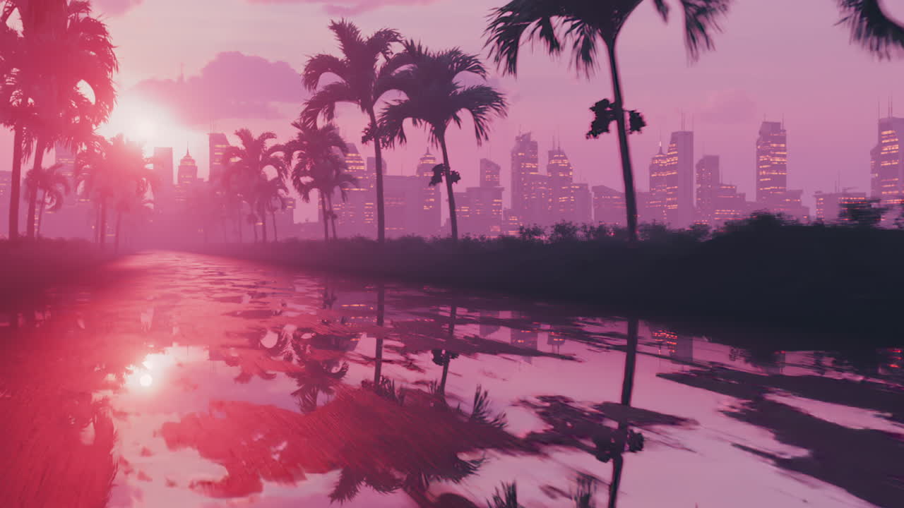 해가 지는 동안 레트로 스타일의 은 아스팔트를 따라 비행의 루프 애니메이션