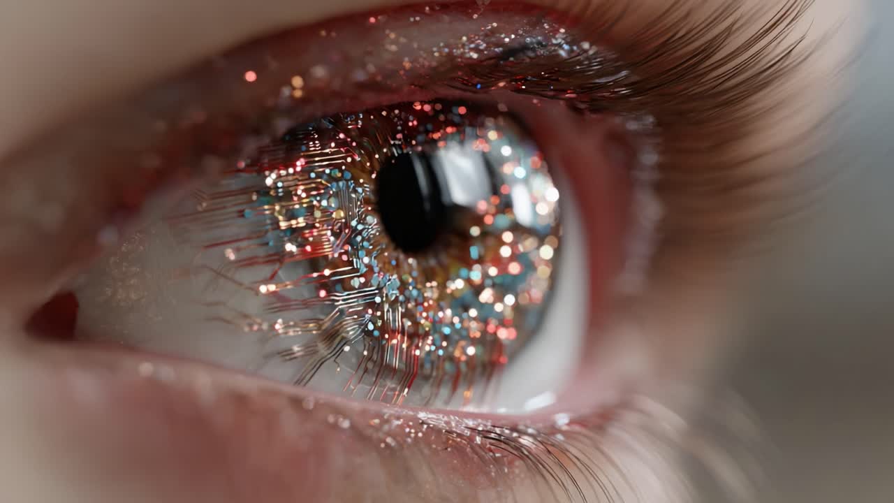 An Intricate Close-Up of a Human Eye Adorned with Glittering Particles, Showcasing a Blend of Natural Beauty and Aesthetic Glitter Effects