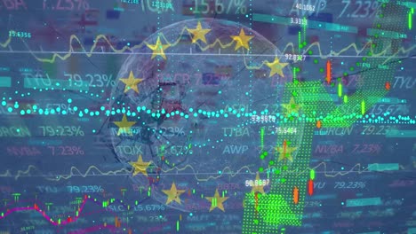 animación del globo y procesamiento de datos sobre la bandera de la ue y las banderas nacionales