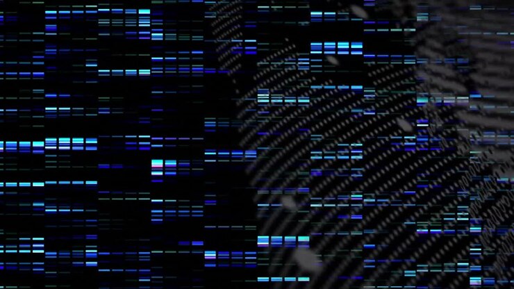 Digitale Animation von blauen Mosaikquadraten über einem rotierenden Globus vor schwarzem Hintergrund
