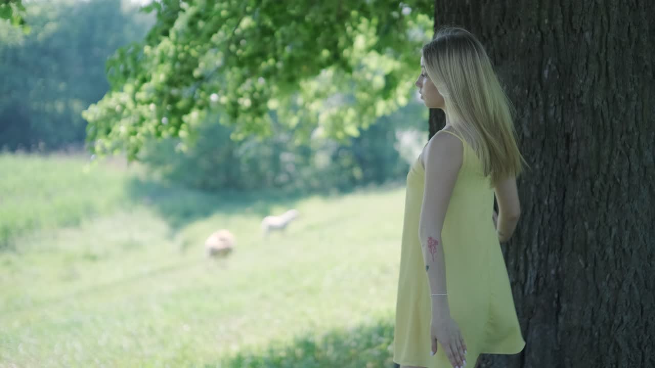 여름 공원에서 나무 에서 춤을 추는 노란색 드레스를 입은 여자