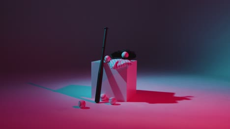 studio baseball still life with bat ball catchers mitt and team jersey with red and blue lighting 1