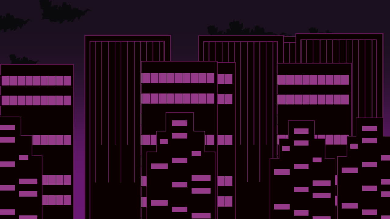 noche de puesta de sol púrpura con edificios de grandes ciudades y nubes dramáticas
