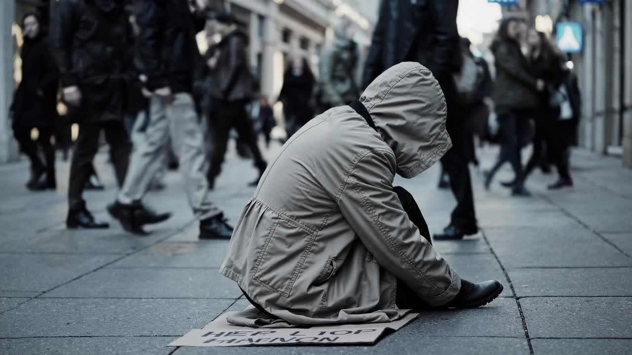 A street-level video captures a solitary figure in a hooded coat sitting on a busy sidewalk