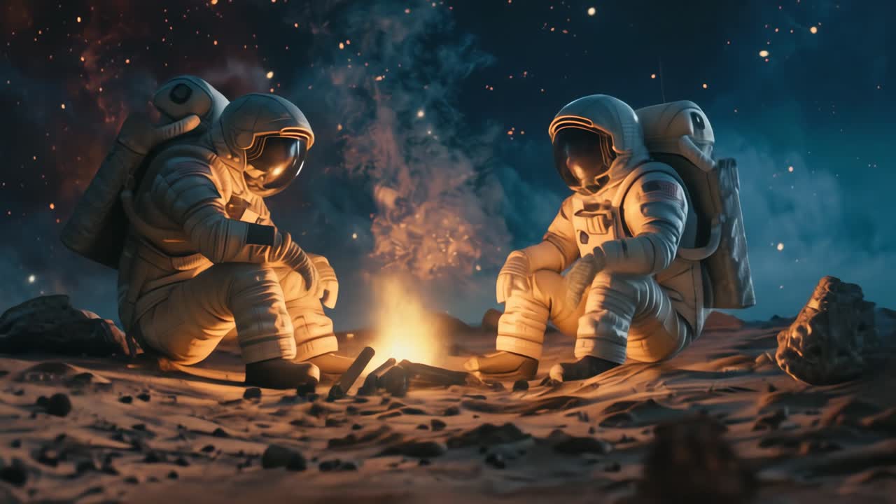 Astronauter slapper af ved et lejrbål i rummet