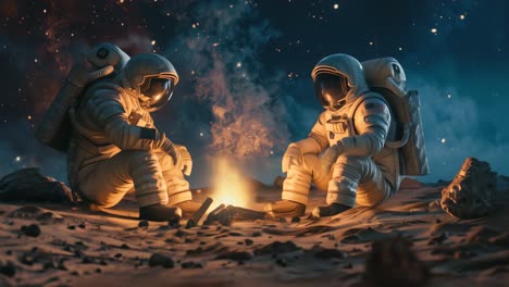 astronauts relaxing by a campfire in space