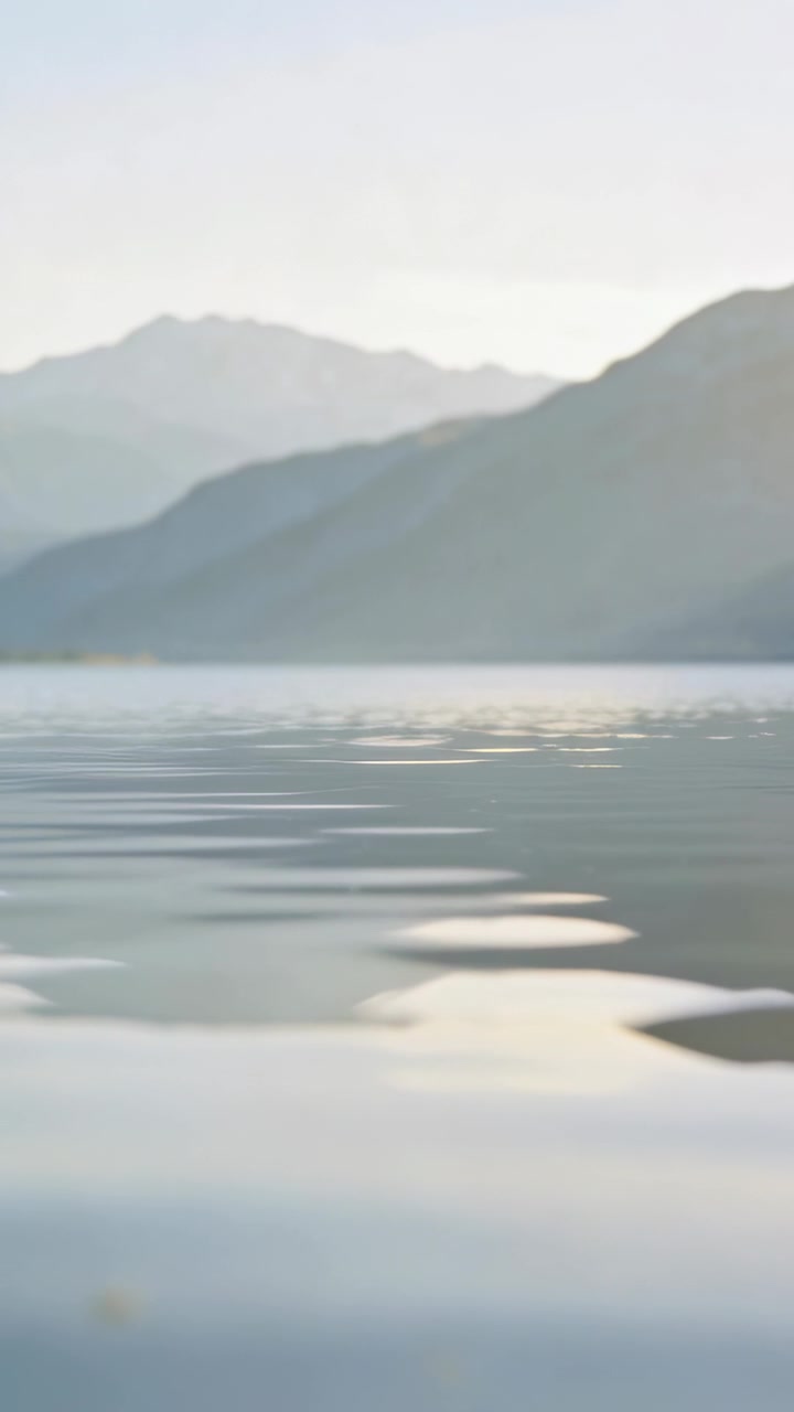 Vertical video: Sunlight shifting across lake showing ripples and bright patch with distant ridges