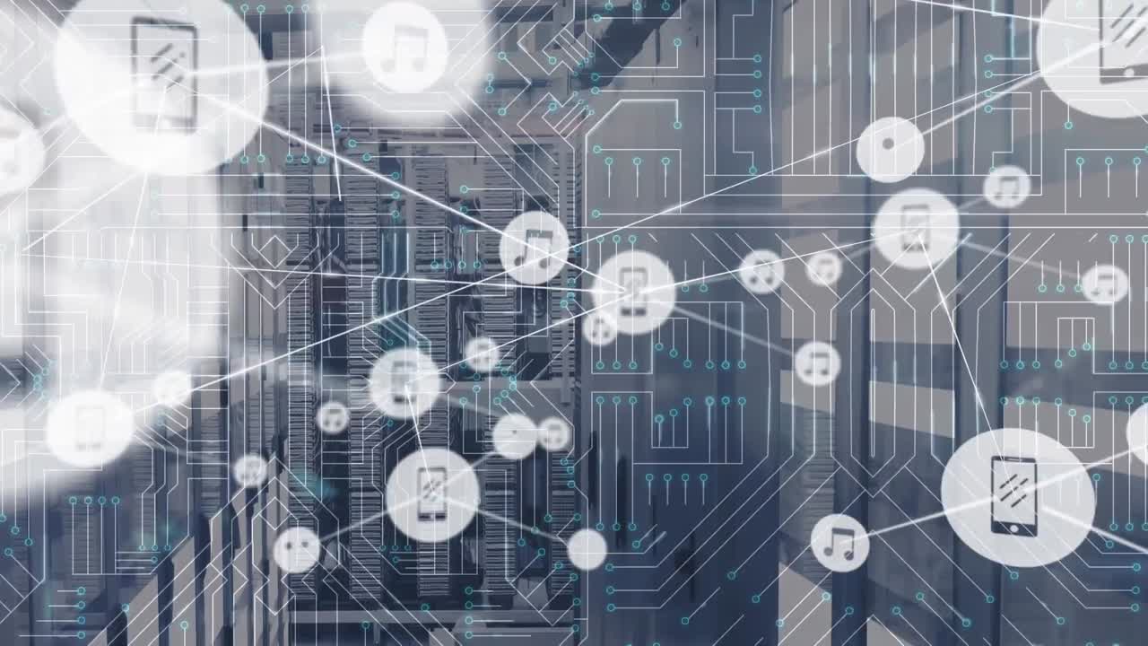 Animation of network of connections with icons over server room