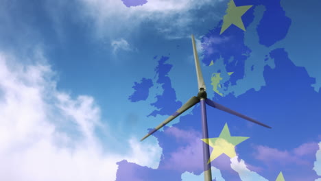 animation of european union flag over map of europe and rotating wind turbine on cloudy blue sky