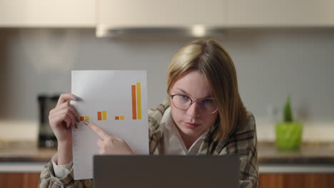 a young woman with glasses at home shows a graph to a laptop camera while sitting at home in the kitchen. home office remote work. video call and conference with graphs and tables. explaining graphs