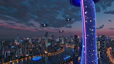 futuristic night city skyline with drones