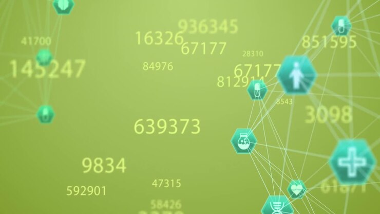Animazione di numeri che cambiano e globi di icone mediche in rotazione su sfondo verde.