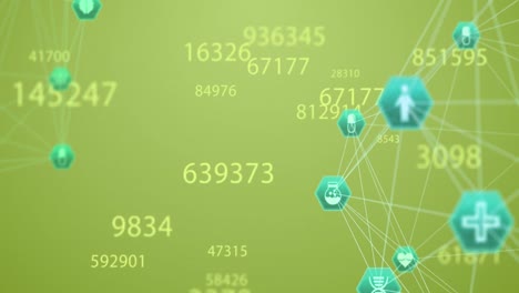 animation of multiple changing numbers and globes of medical icons spinning against green background