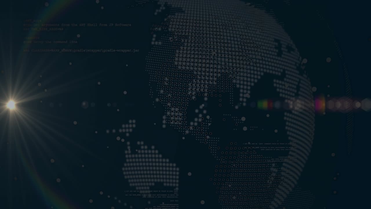 Opening dark field showing faint dots, globe appearing rotating, data drifting to show data flow