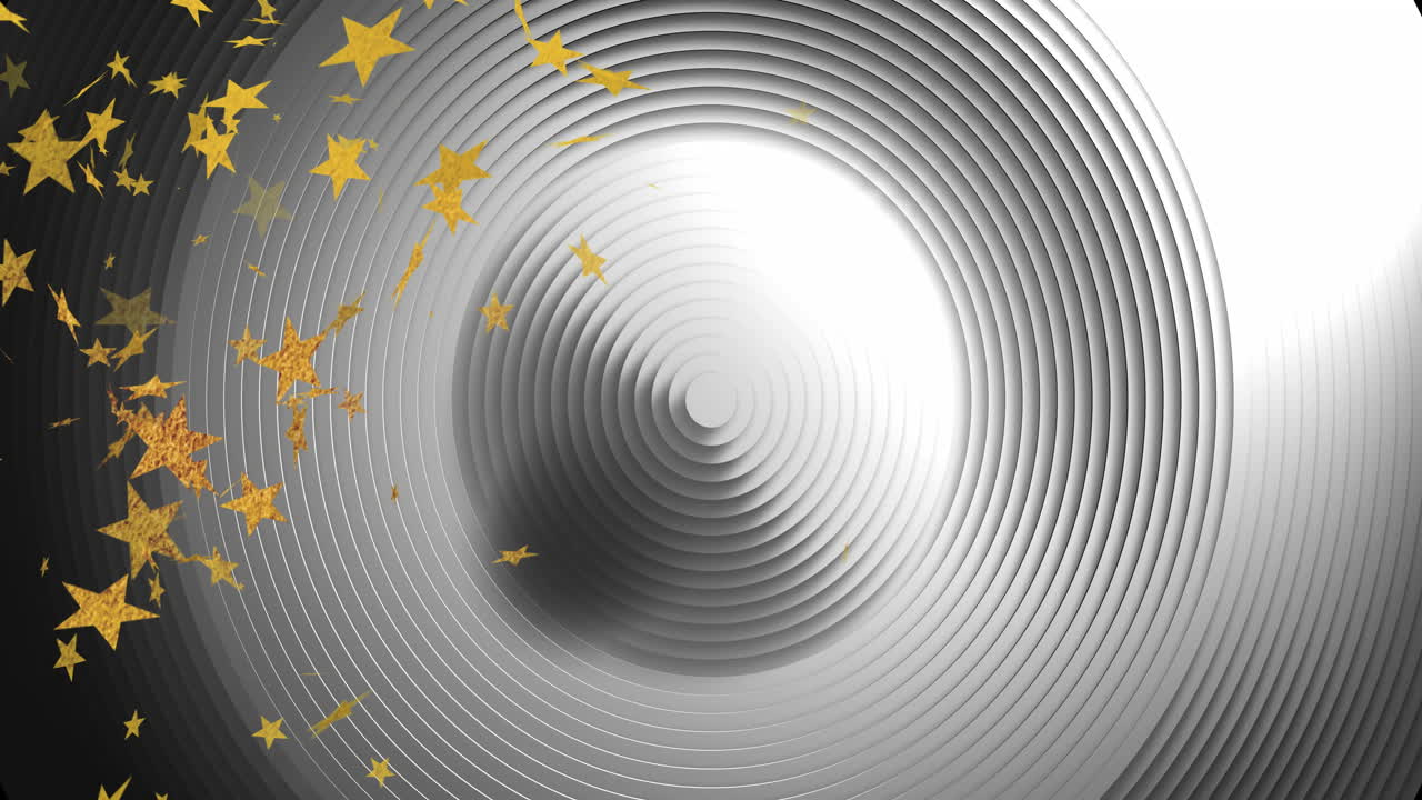 움직이는 검은색과 회색의 동심 고리 위에 떨어지는 금색 별의 애니메이션