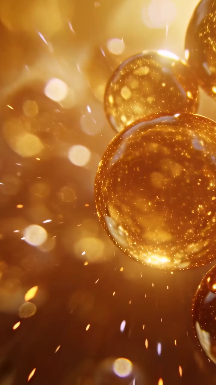 Video dọc: Đi vào các quả cầu vàng xoay tròn trong không gian ấm áp, với lấp lánh, hiệu ứng bokeh tạo chiều sâu